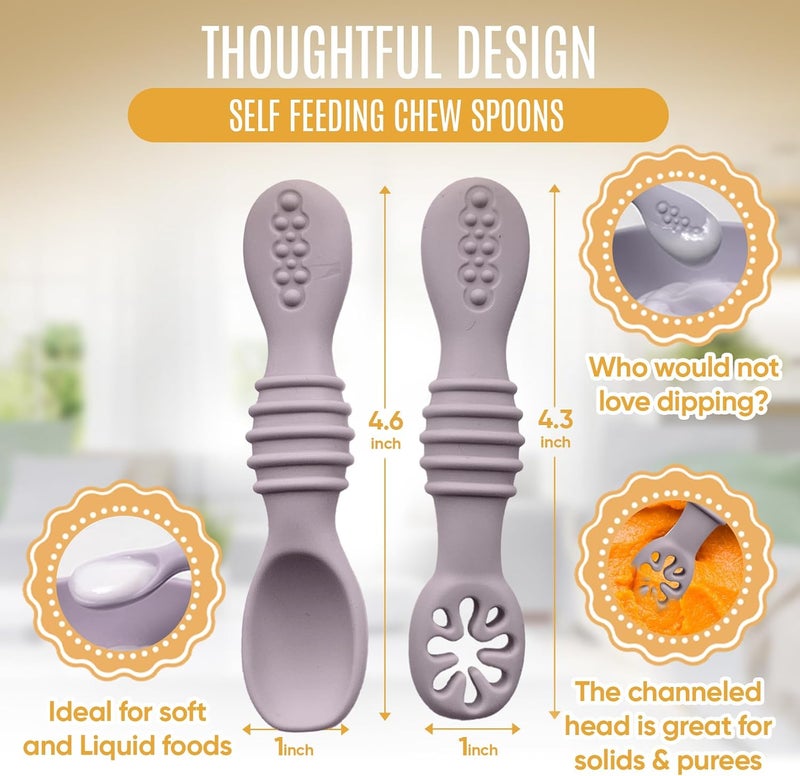 HippoBaby 4pc Silicone Baby Spoons Self Feeding Baby Utensils 6-12 Months - 3 Baby Spoon - 1 Baby Fork - Toddler Cutlery Set - BPA Free, Dishwasher Safe, Baby Eating Essentials (Light pink/Army Green) - Image 3